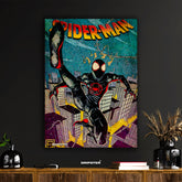 Miles Morales Spider-Man poster by Dripster featuring dynamic comic style art of Spider-Man swinging through city buildings